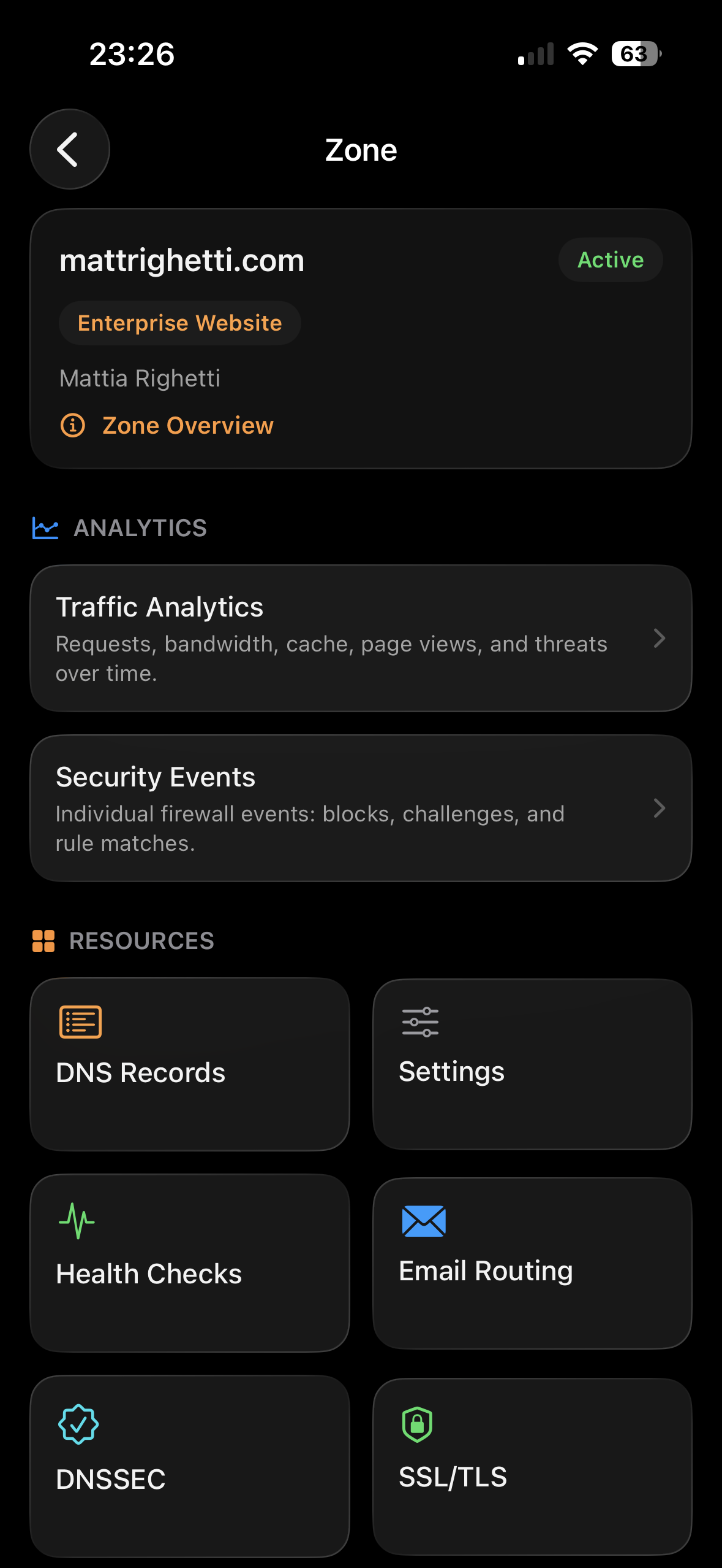 Zone detail view with analytics, security events, DNS records, and resource links